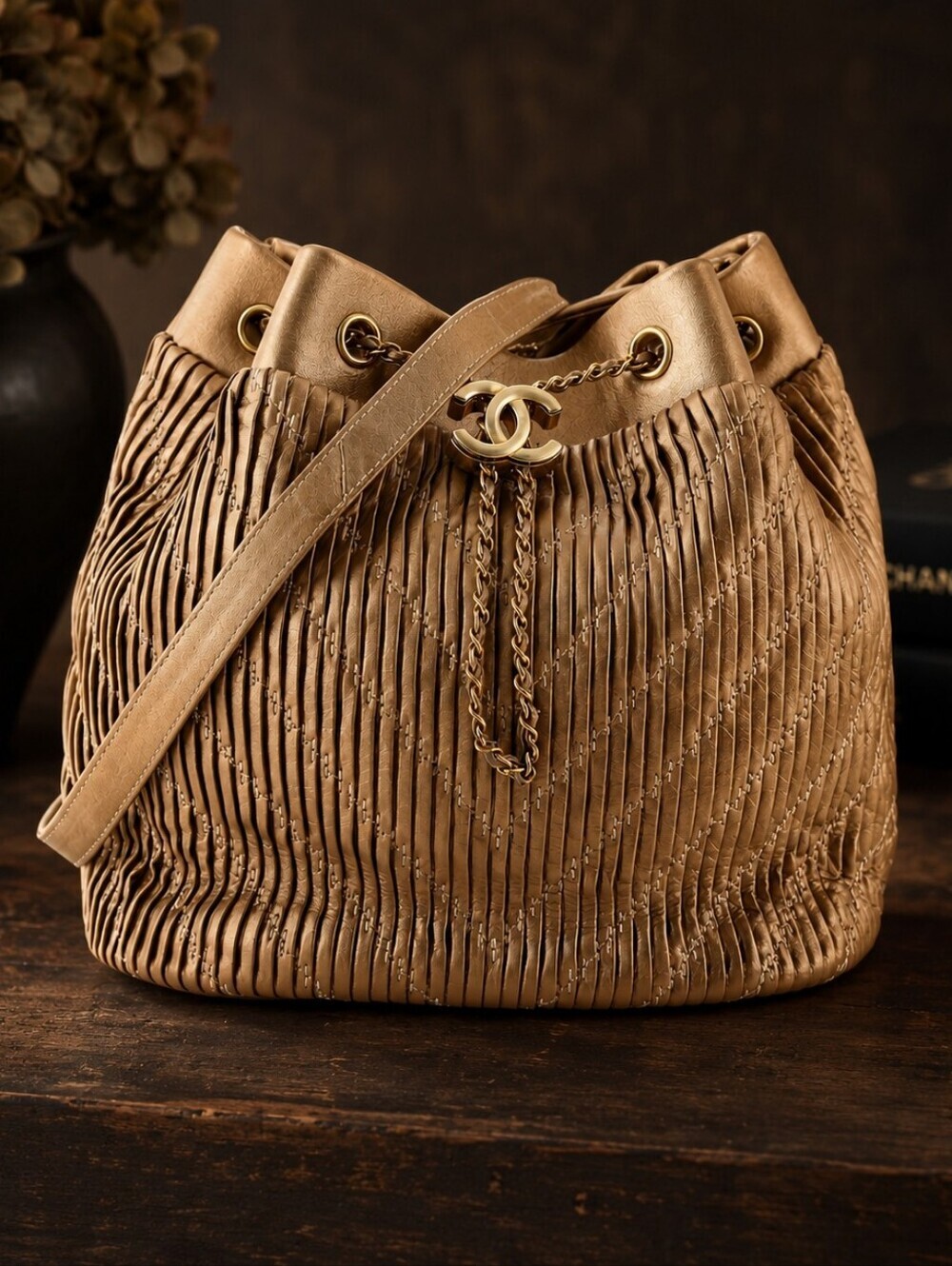 Chanel Coco Pleats Drawstring Chain Lambskin Leather Bucket Bag Purse